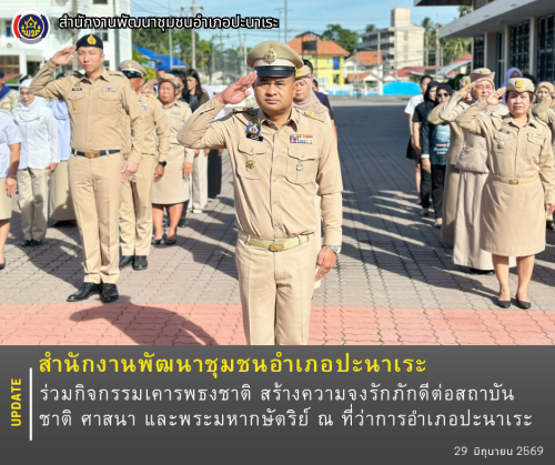 พช.อำเภอปะนาเระ ร่วมกิจกรรมเคารพธงชาติ สร้างความจงรักภักดีต่อสถาบันชาติ ศาสนา และพระมหากษัตริย์ ณ ที่ว่าการอำเภอปะนาเระ 