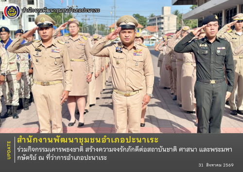 พช.อำเภอปะนาเระ ร่วมกิจกรรมเคารพธงชาติ สร้างความจงรักภักดีต่อสถาบันชาติ ศาสนา และพระมหากษัตริย์ ณ ที่ว่าการอำเภอปะนาเระ 
