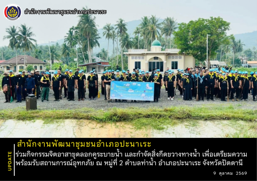 พช.อำเภอปะนาเระ ร่วมกิจกรรมจิตอาสาขุดลอกคูระบายน้ำ และกำจัดสิ่งกีดขวางทางน้ำ เพื่อเตรียมความพร้อมรับสถานการณ์อุทกภัย ณ หมู่ที่ 2 ตำบลท่าน้ำ อำเภอปะนาเระ จังหวัดปัตตานี  