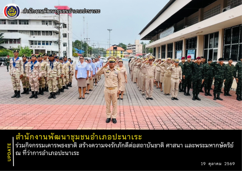 พช.อำเภอปะนาเระ ร่วมกิจกรรมเคารพธงชาติ สร้างความจงรักภักดีต่อสถาบันชาติ ศาสนา และพระมหากษัตริย์ ณ ที่ว่าการอำเภอปะนาเระ 